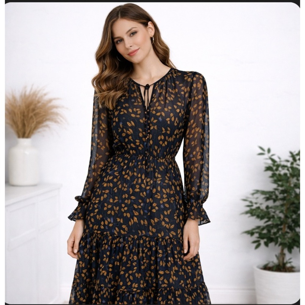 Christy‎ Lynn Floral Maxi Dress Medium Sheer Black Leaf Long Sleeve Silk Blend